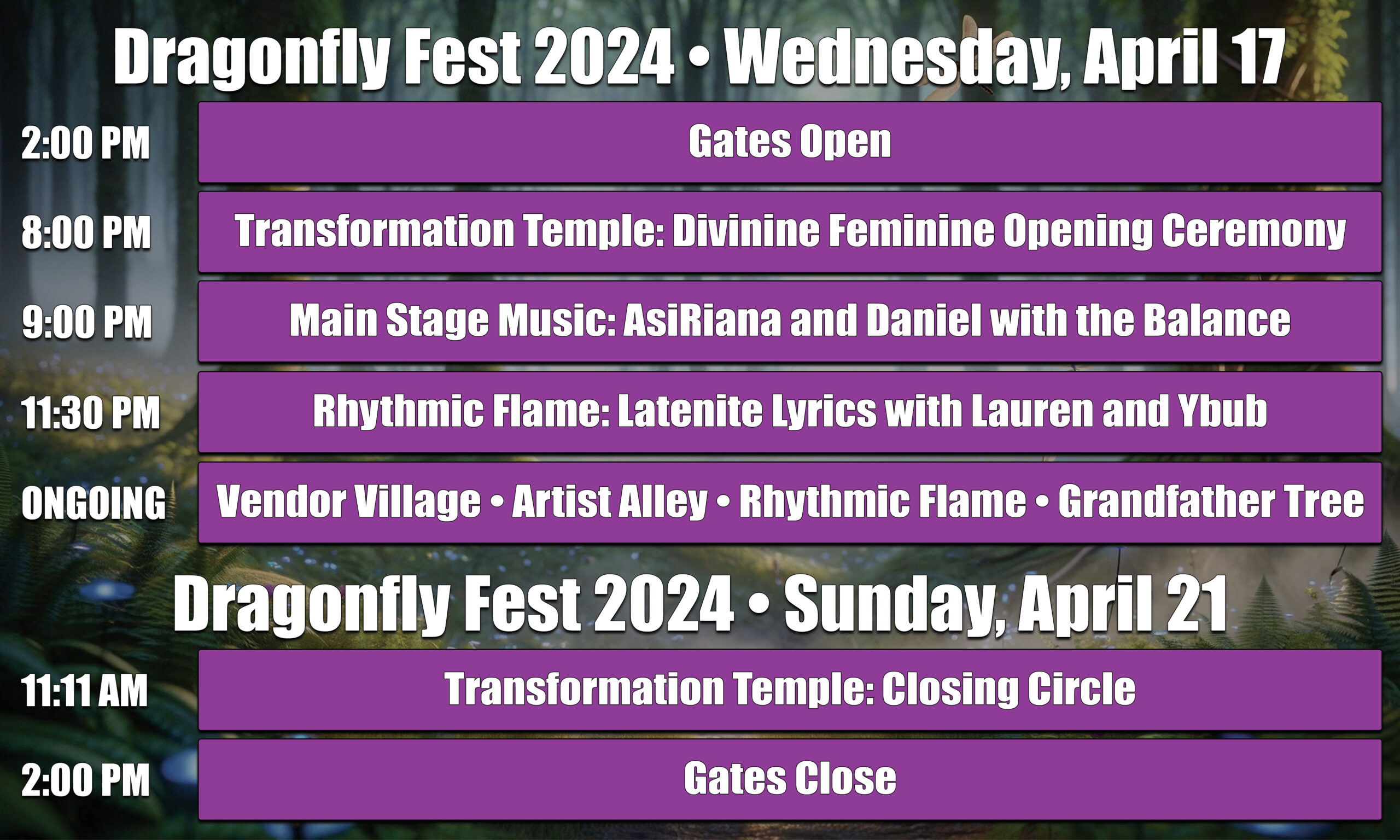 Dragonfly Fest 2024 Schedule - Wednesday Sunday
