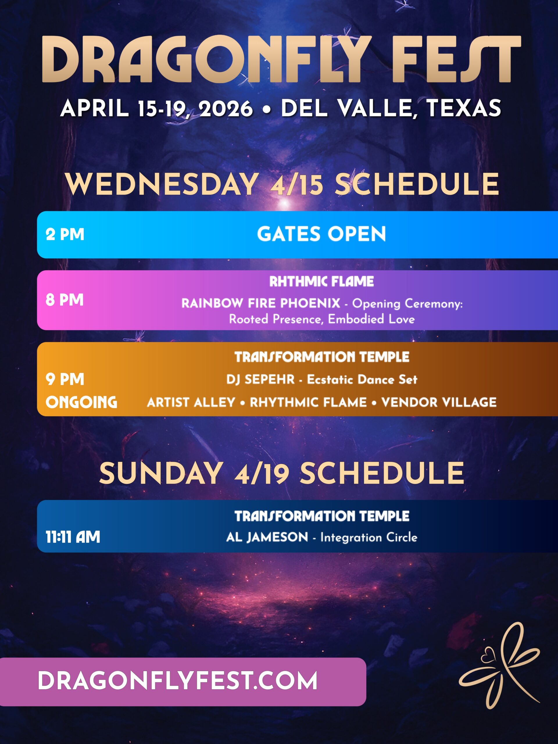 Dragonfly Fest 2026 - Schedule Wednesday and Sunday